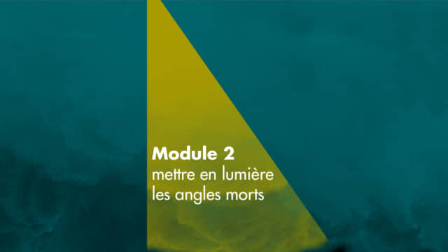 Image utilisée pour la conception du module d'e learning d'un angle jaune sur fond bleu au coeur duquel est écrit : "module 2 mettre en lumière les angles morts"